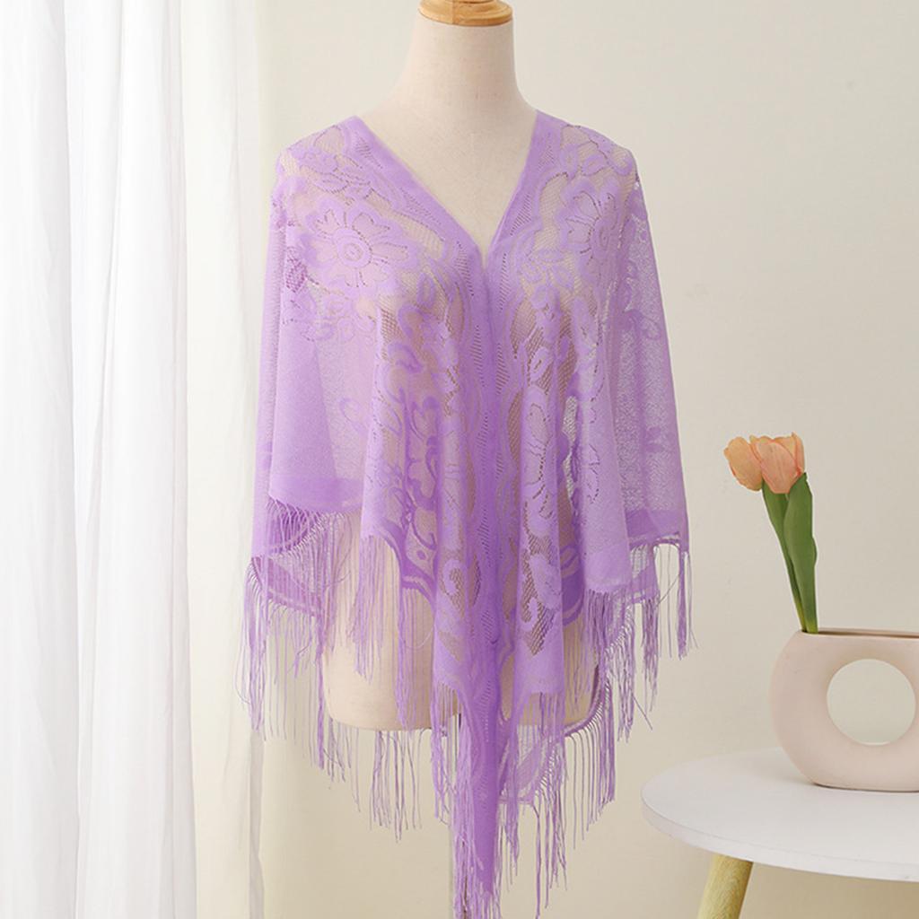 Stylish Lace Poncho with Fringed Edges Multiuse Shawl for Various Outfit Eye Catching Sunproof Triangle Shoulder Wrap