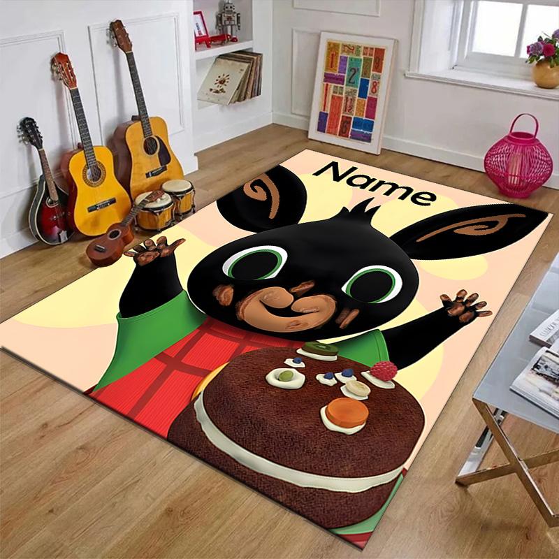 Custom Bing Bunny Mat Personalized Name, Polyester Washable Indoor Entryway Rug, Gift for Christmas, Easter, Thanksgiving Day