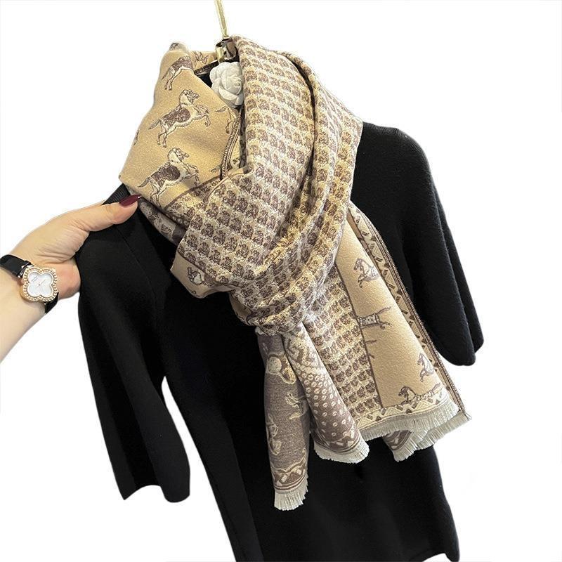 Compass pony pattern imitation cashmere shawl for women, warm big scarf versatile thickened scarf double-sided dual-purpose