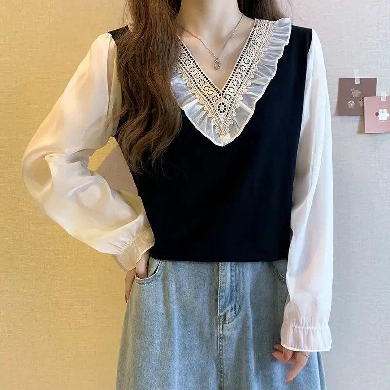 Spring Autumn Contrast Color Patchwork Fashion V-Neck Blouse Women High Street Elegant Long Sleeve Edible Tree Fungus Pullovers