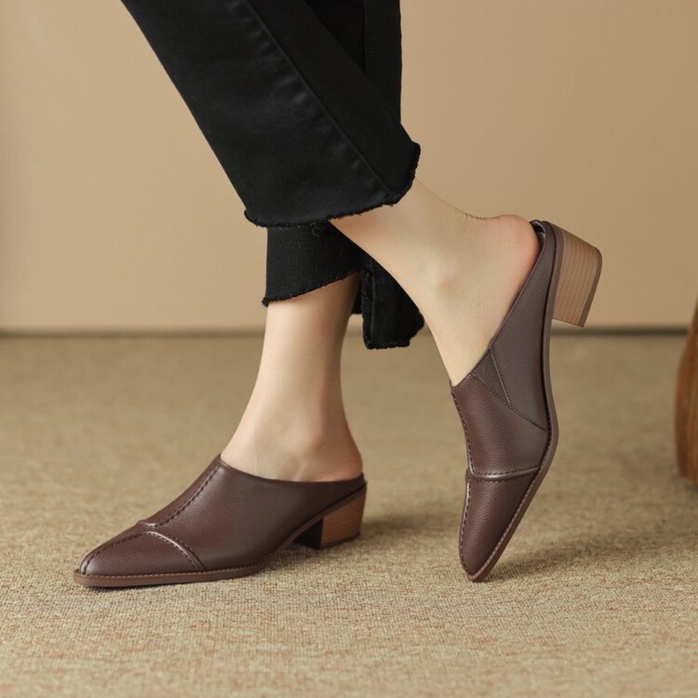 Fashion Baotou Half Slippers Women's 2025 New Outerwear Coarse Heeled Cool Slippers Autumn/Summer Pointed Lazy Middle Heeled Women Shoes