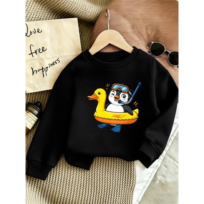 European sizes Cute Cartoon Penguin and Duck Print Kids' Spring Lightweight Round Neck Sweatshirt, Comfortable Outdoor Wear Design for 0-3 Years Old