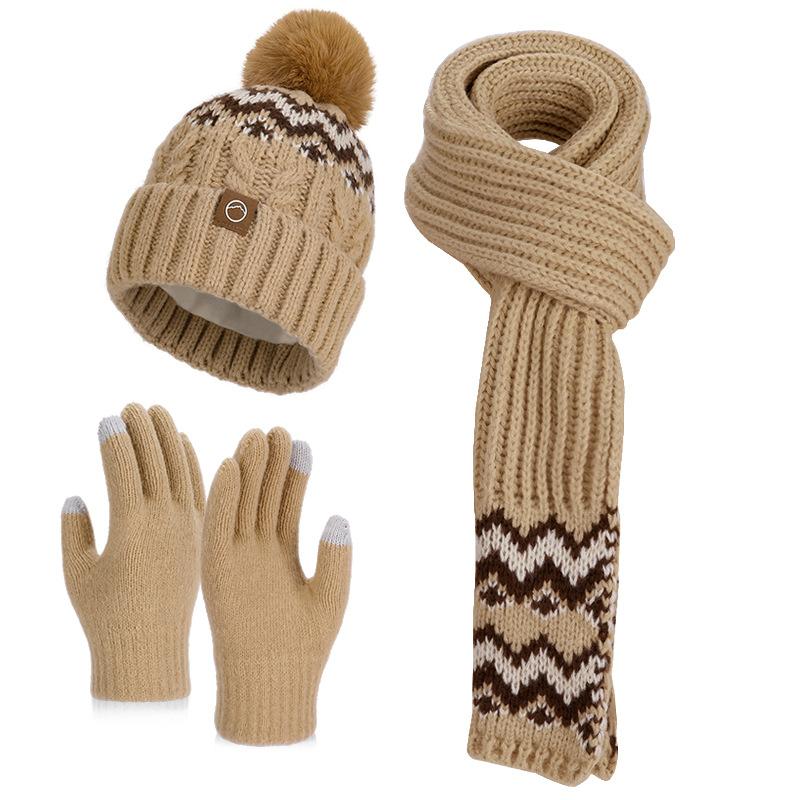 Winter knitted wool hat women's fashion hat scarf gloves three-piece set fleece cold-proof warm ear protector pullover hat