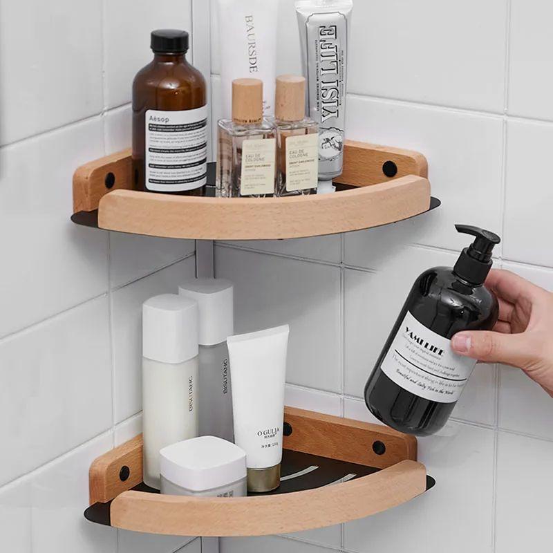 Wood Bathroom Shelving Shampoo Shower Storage Rack Triangular Shelving Wall Mounted Bathroom Corner Shelf Aluminum Brushed gold
