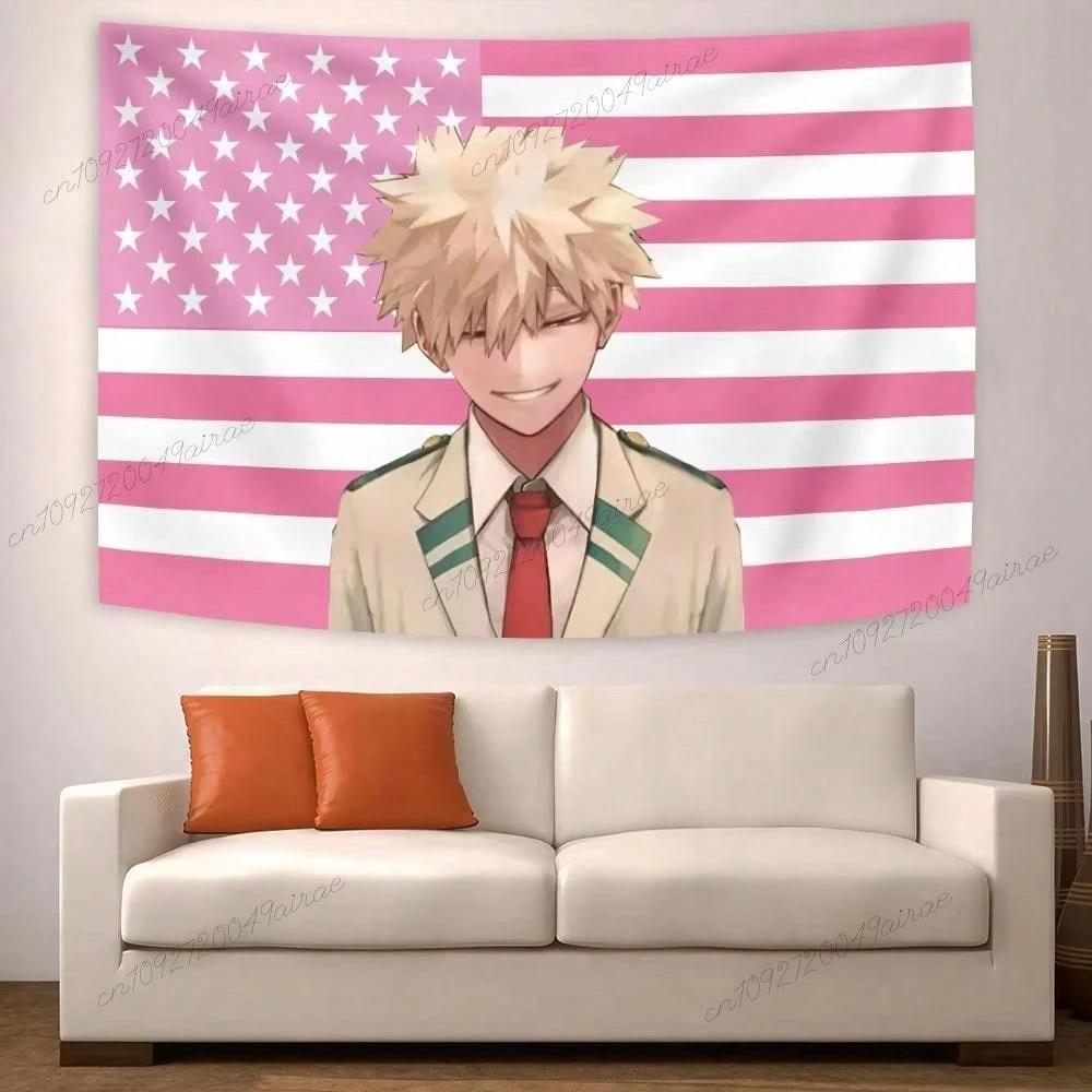 1pc Bakugo Katsuki Pink USA Flag Tapestry Polyester 2D Print Wall Hanging for Bedroom Living Room Decor Gift