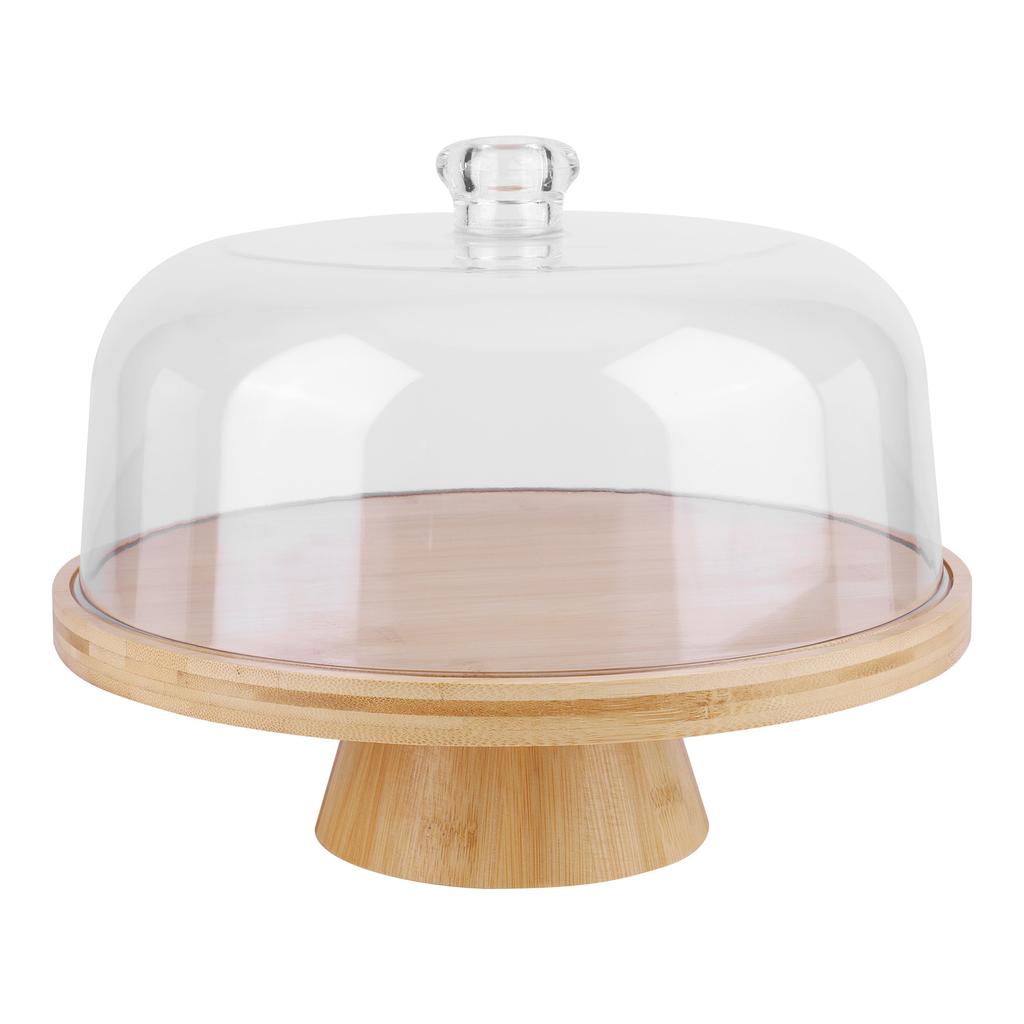 Wood Cake Plate with Clear Dome Lid Non-slip Pastry Stand Wooden Pedestal Stand for Cheese Chips Fruit Platter