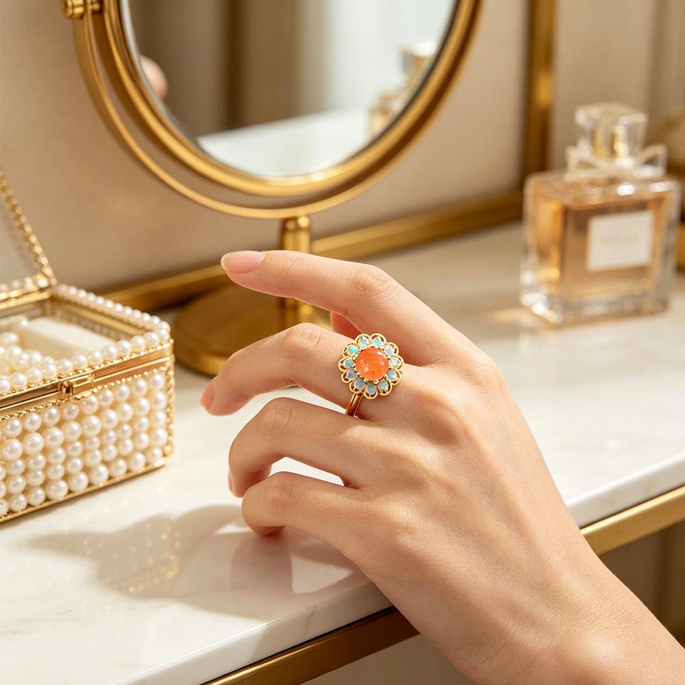 Retro Protein Stone Flower Halo Ring, Exquisite Flower Declaration Ring, Suitable for Women's Daily Wear Decoration