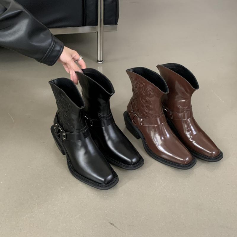 2025 new square head sleeve short boots fashionable metal buckle retro embroidered western boots European, American and British knight boots