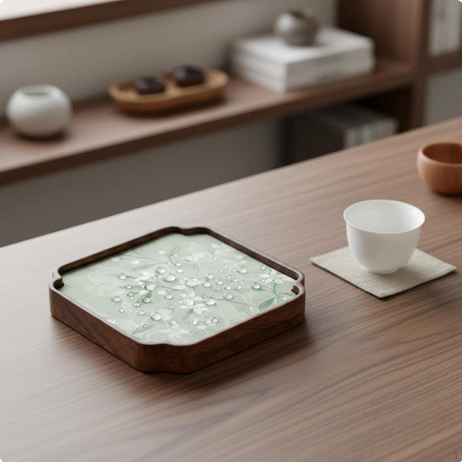 Walnut Wood Tea Serving Board Waterproof Chinese Ceremony Tray Teapot Coaster with Textile Square S