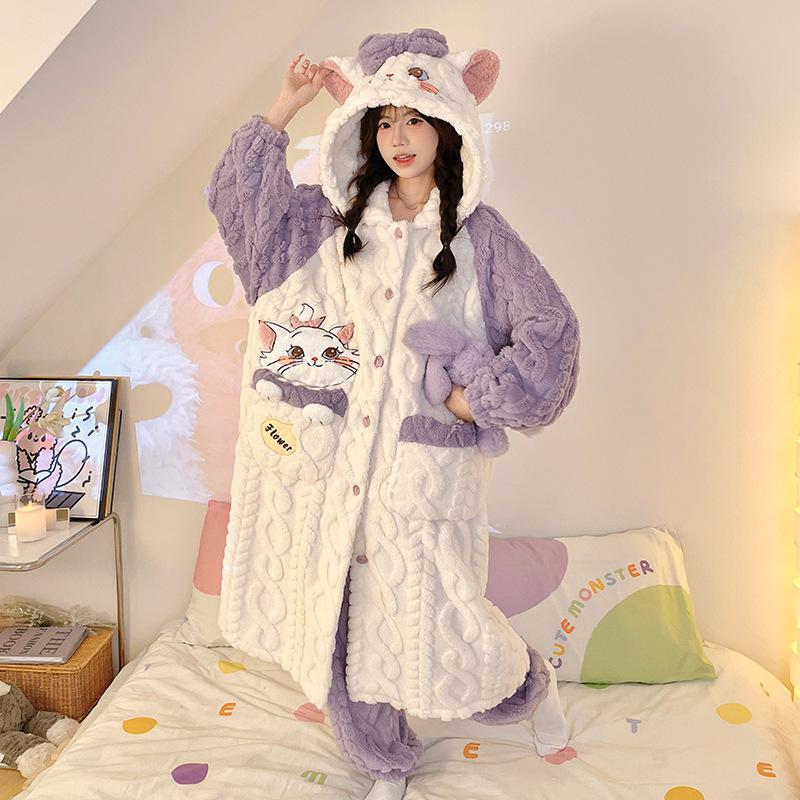 Autumn and Winter New Cute Hooded Nightgown Little Beaver Coral Fleece Pajamas Women's Winter Women's Pajamas Set
