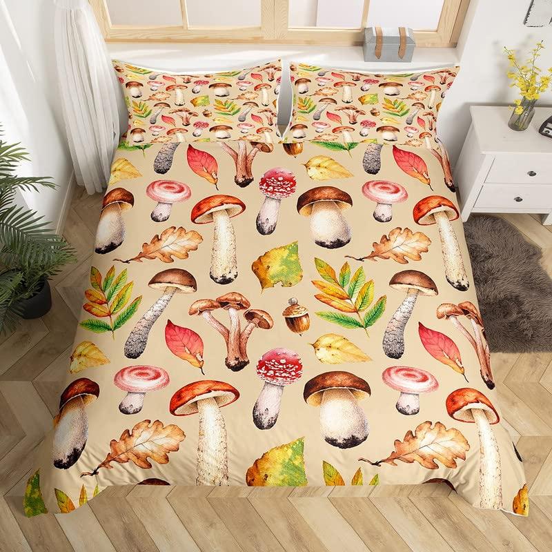 Mushroom Duvet Cover Watercolor Fungus Bedding Set Wild Botanical Comforter Cover Set Retro Leaf Pattern Polyester Quilt Cover