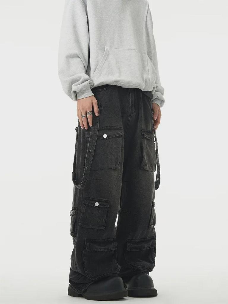 2024 Unisex American Retro Yellow Multi-Pocket Workwear Jeans - Loose Straight Hip-Hop Style