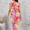 Women Plus Size Sleeveless Round Neck Midi Bodycon Dress White Base Blue Floral Print Slim Fit Dress