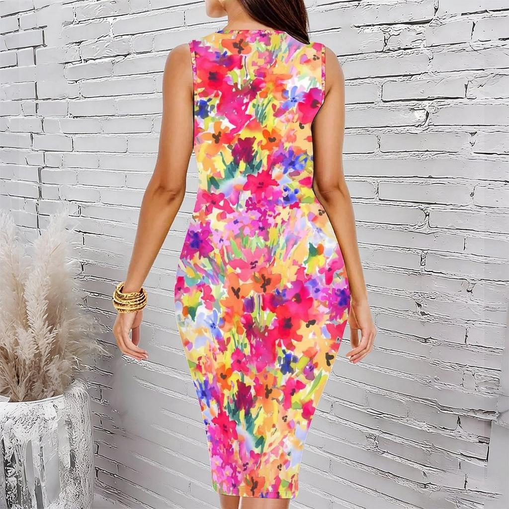 Women Plus Size Sleeveless Round Neck Midi Bodycon Dress White Base Blue Floral Print Slim Fit Dress