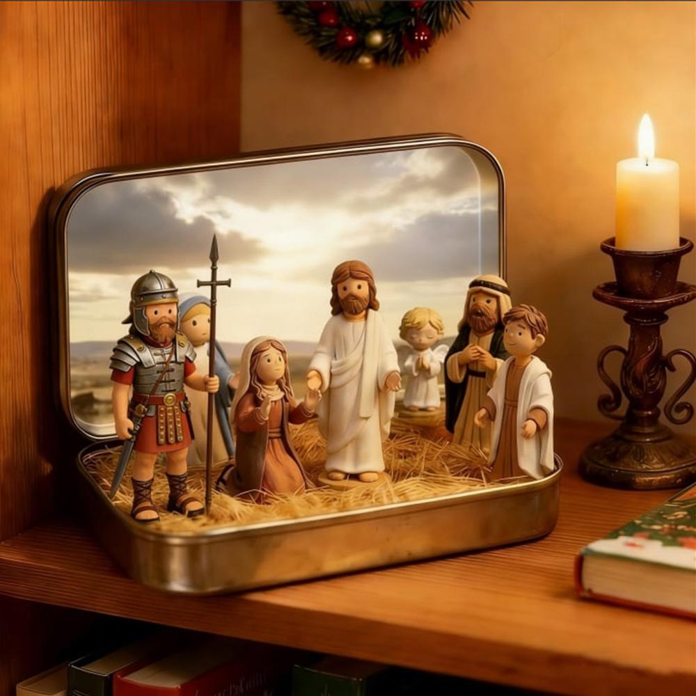 PVC Weihnachtskrippe Mini Größe Blechdose Verpackung Krippenfiguren Set Pferdetrog Design Miniatur Szene Figur