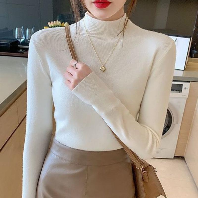 Semi High Neck Sweater Women Knit Base Layer Slim Fit Long Sleeve Versatile Top