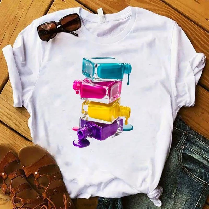 

Women White Tshirt 100 Cotton T Shirt High Quality Nail Polish Graphic Print Casual Oversized Girl Tee Big Size Clothing M