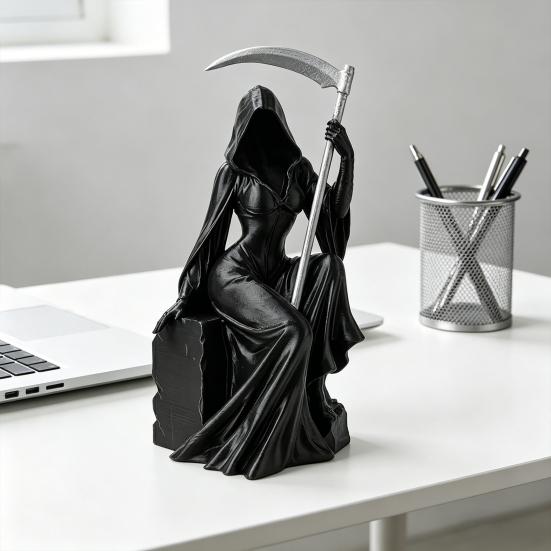 Grim Reaper Figurine with Scythe 3D Printed Mysterious Female Grim Reaper Statue Gothic Spooky Sculpture for Bookshelf Desk Decor