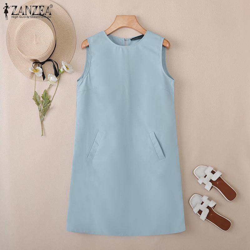 ZANZEA Γυναικείο Καθημερινό Καλοκαιρινό Αμάνικο Φόρεμα με Στρογγυλή Λαιμόκοψη