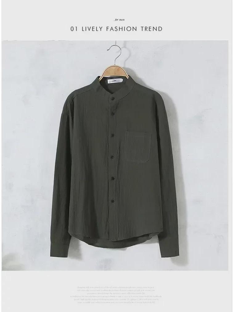 Men's Slim Fit Japanese Retro Linen-Cotton Shirt, Long Sleeve, Stand Collar, Casual All-Match Design.