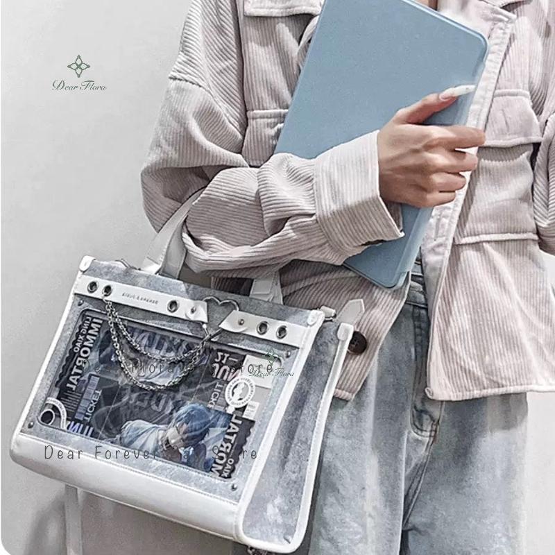 Y2K Women Fashion Denim Ita Shoulder Bag Cute Girl Transparent Pocket High-Capacity Crossbody Bag New Lolita DIY Display Handbag