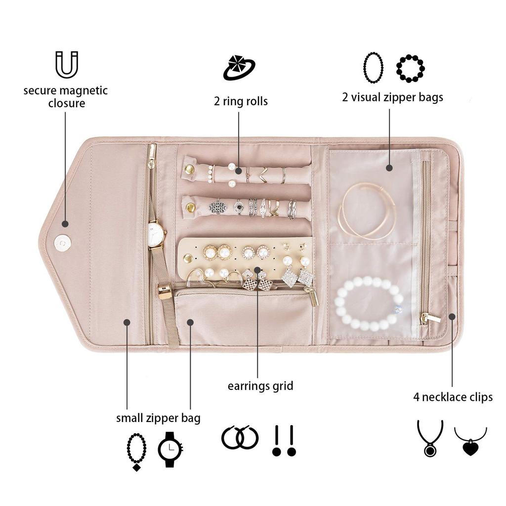 Travel Jewelry Organizer Case Foldable Jewelry Roll for Journey-Rings, Necklaces, Earrings, Bracelets,Mini,Soft Pink
