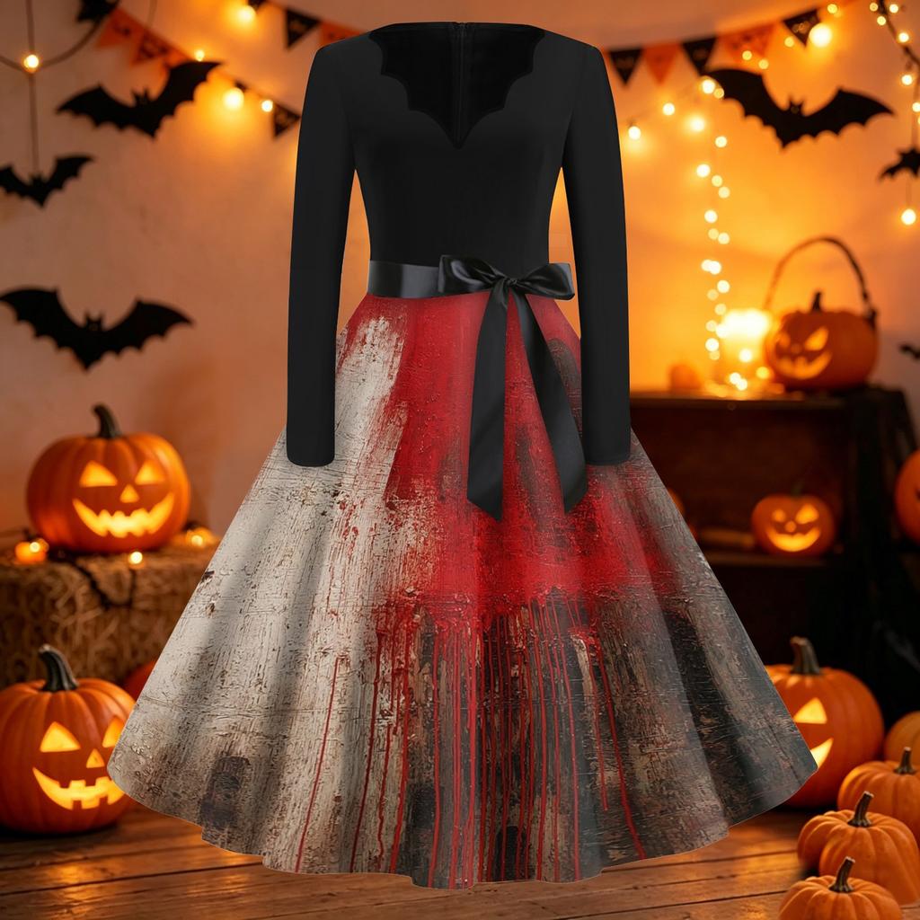 Women Casual Halloween Print V Neck Vintage Dress Long Sleeve Fit Flared Waist Tie Retro Style Swing Skirt Dress