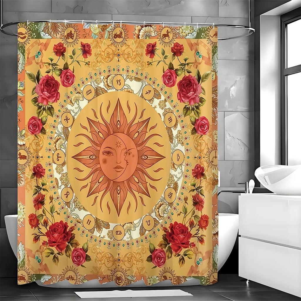 Sun and Moon Face Tarot Constellation Floral Shower Curtain, Bathroom Decorative Shower Curtain, Waterproof Shower Curtain with