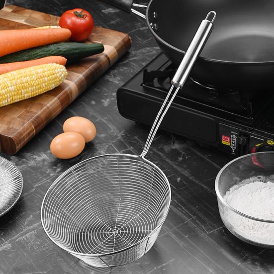 Stainless Steel Deep Skimmer with Wire Mesh Heavy-Duty Slotted Spoon for Frying Dumplings Noodles Rust-Proof Dishwasher Safe Essential Kitchen Tool