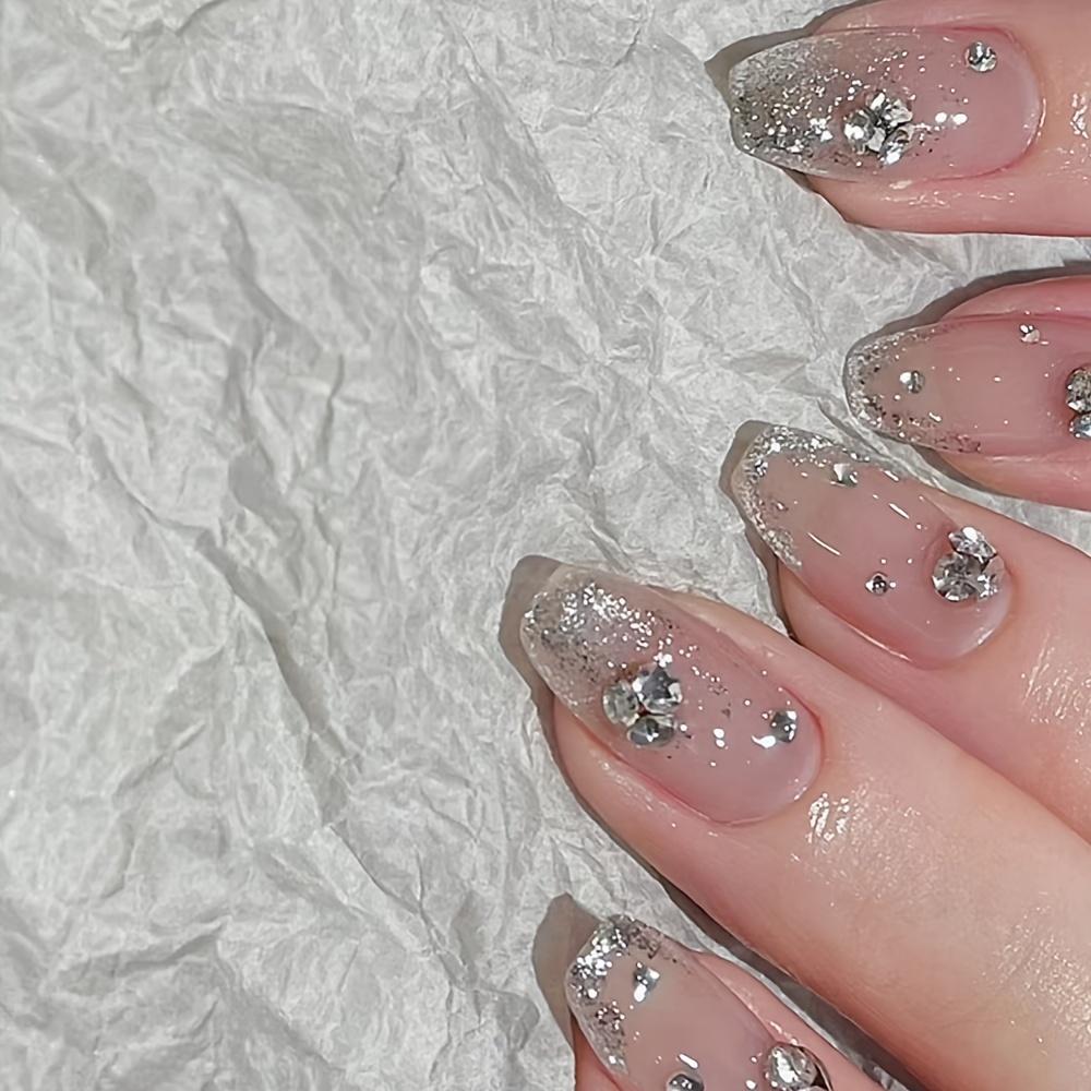 24pcs Glossy Short Coffin Press On Nails Pink French Style False Nails with Rhinestone Glitter Reusable Fake Nails Pink French Diamonds