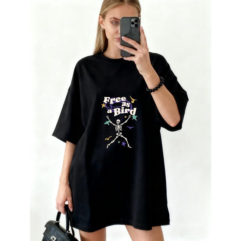 Oversized T Shirt Dress Black Free As A Bird Skeleton And Stars Print Casual Streetwear For Women