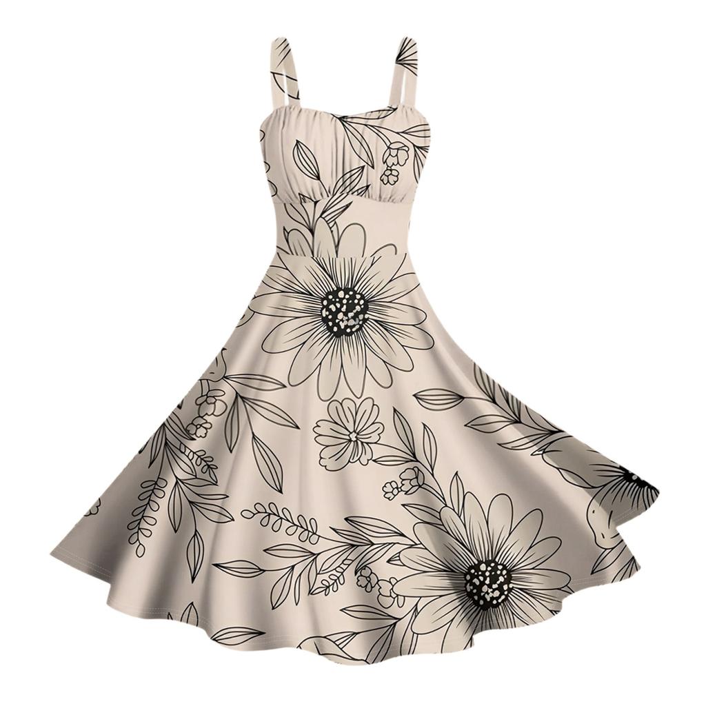 Damen Vintage Ärmellos Plissiert Patchwork Niedlich A-Linien Saum Blumendruck Kleider