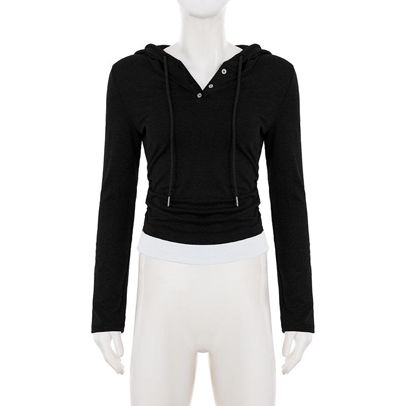 Casual Color Block Hooded Knit T-Shirt with Cinched Waist Long Sleeves