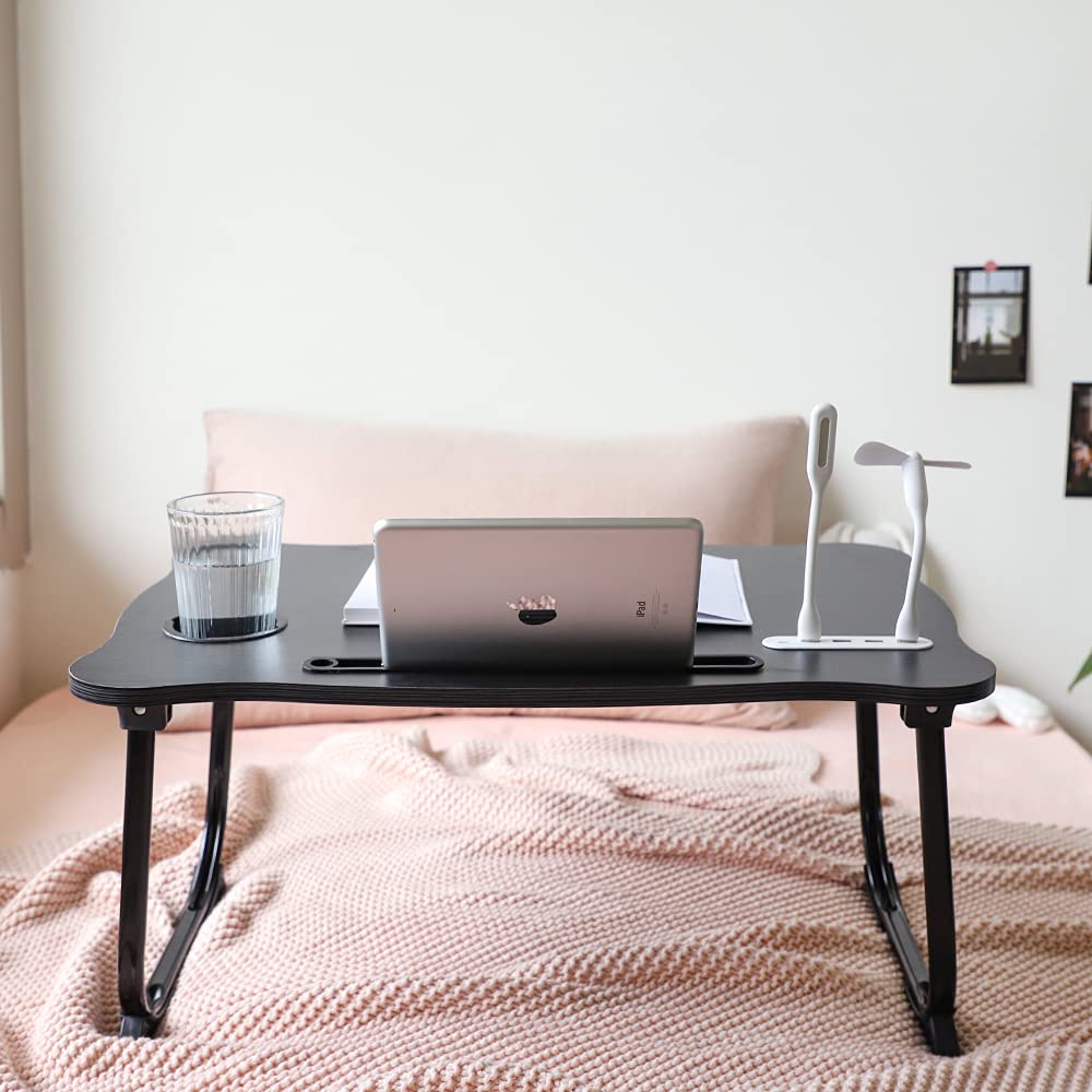 Folding coffee folding mini small bedside coffee table reading light and fan table, desk, table, table, table, table, desk, (USB included) (Black)