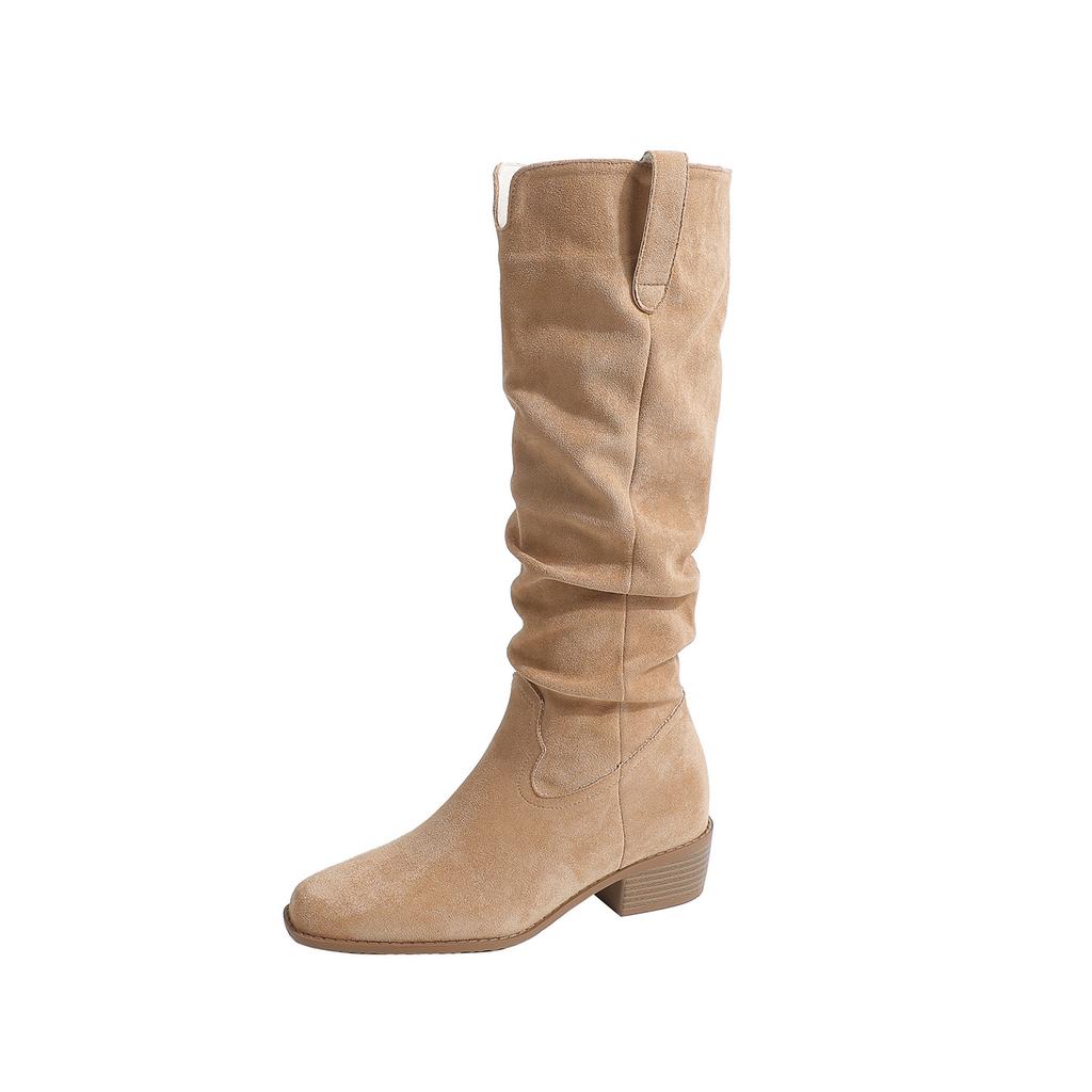 [New Products In Autumn and Winter] Pleated Stacking Boots Thick Heel V-mouth Thin and Versatile Medium Tube American Retro Western Cowboy Boots