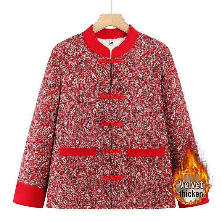 Chinese Style Velvet Cotton Jacket for Middle-Aged and Elderly Women - Retro Autumn/Winter Warm Outerwear