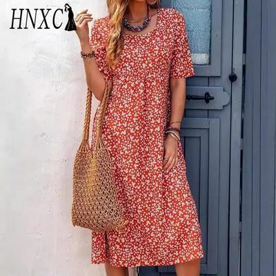 Kadın Moda Yaz Bahar Düz Renk Baskı Kısa Kollu O-Boyun Yüksek Bel Günlük Elbiseler