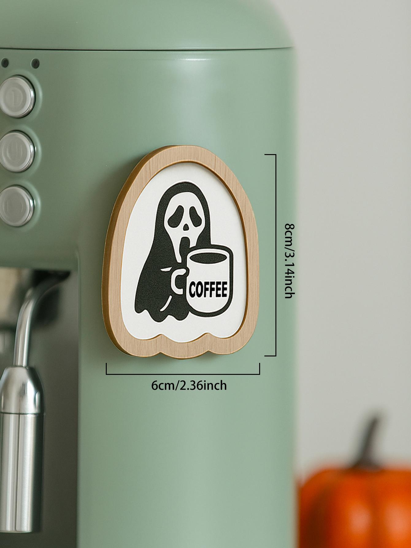 

Halloween Wooden Stickers Cute Ghost/Pumpkin/Bat with Coffee Cup Design Fridge and Coffee Machine Decor for Kitchen & Coffee Bar
