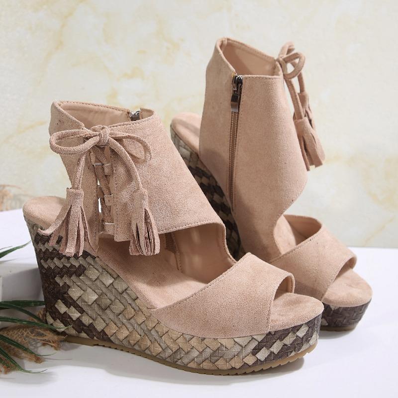 Large Size Wedge Heel Sandals Women's Spring and Summer Fringed High Heel Fish Mouth Platform Women's Shoes Muffin Sole Shoes