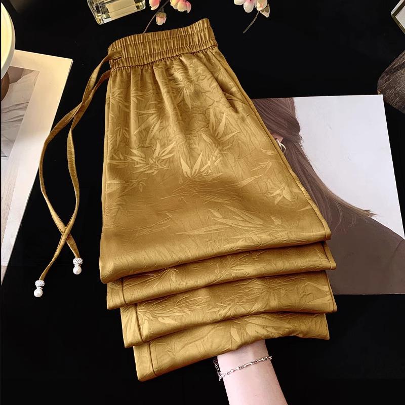 

Women s Luxurious Satin Silk Wide-Leg Pants - Summer 2025, National Style Print, Sun Protection 2XL [Recommended for 125-135 lbs]