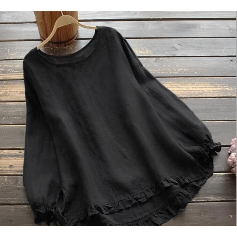 Women S Loose Fit Long Sleeve Round Neck Shirt With Ruffled Cuffs And Hem