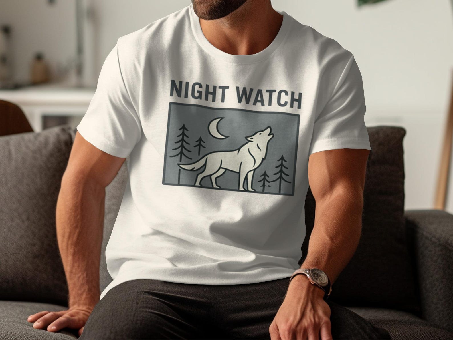 Night Watch Wolf T-Shirt, Howling Moon Forest Graphic Tee M