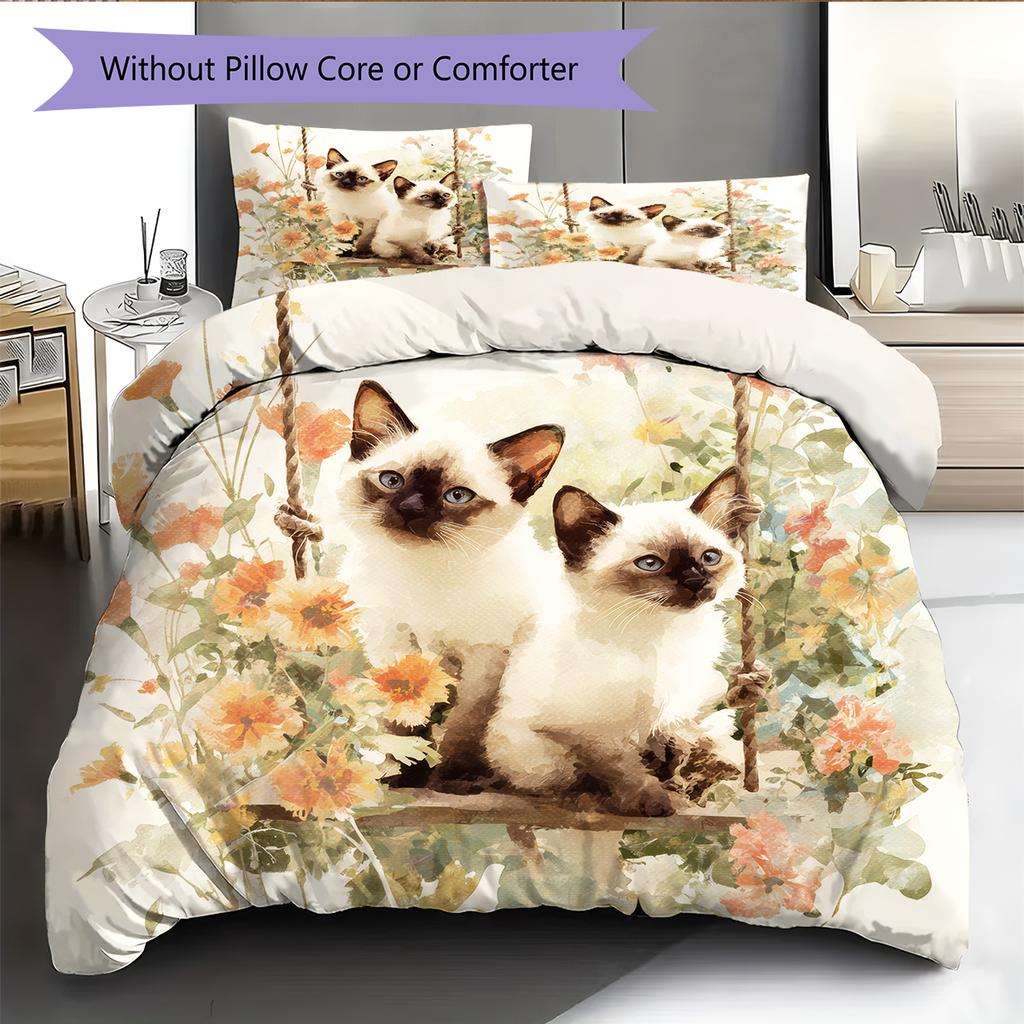 Siamese Cat and Plants Pattern Bedding Home Decoration Birthday Gift (1 * Duvet Cover + 2 * Pillowcase, Without Core)