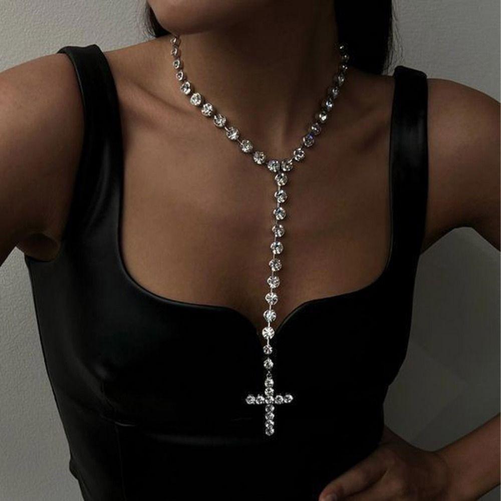 Rhinestones Cross Pendant Necklace Shiny Clavicle Chain  Jewelry Accessories