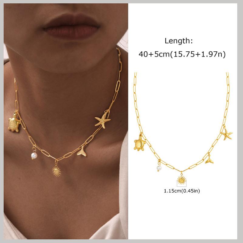 18k Gold Plated Pearl Shell Conch Starfish Summer Beach Necklace, Charms Necklace for Women,Stainless Steel Waterproof Jewelry
