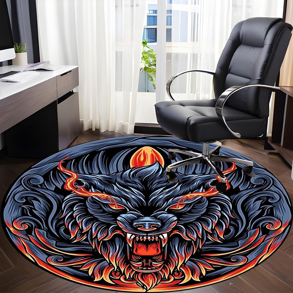 1 Stück Wolfskopf Design Stuhlteppich für Büro, Runder Rutschfester Langlebiger Großer Büroteppich, Geeignet für Büro