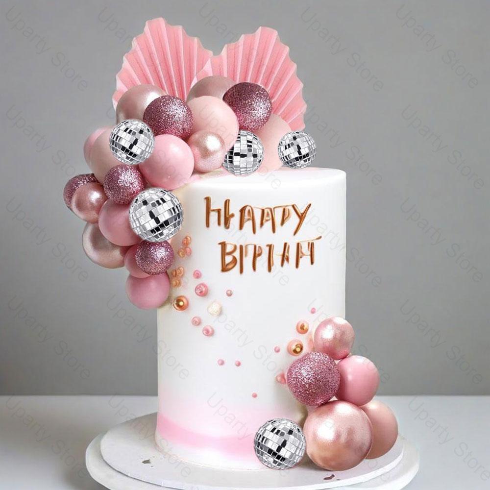 31pcs Disco Balls Cake Toppers Pearl Glitter Pink Cake Balls Mirror Disco Balls Cake Decoration for Birthday Wedding Party Decor 5