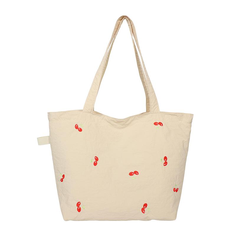 

New Large Capacity Nylon Youth Shoulder Bags Cherry Embroidered Reusable Tote Bags Casual Lightweight Shopping Handbag for Women бежевый