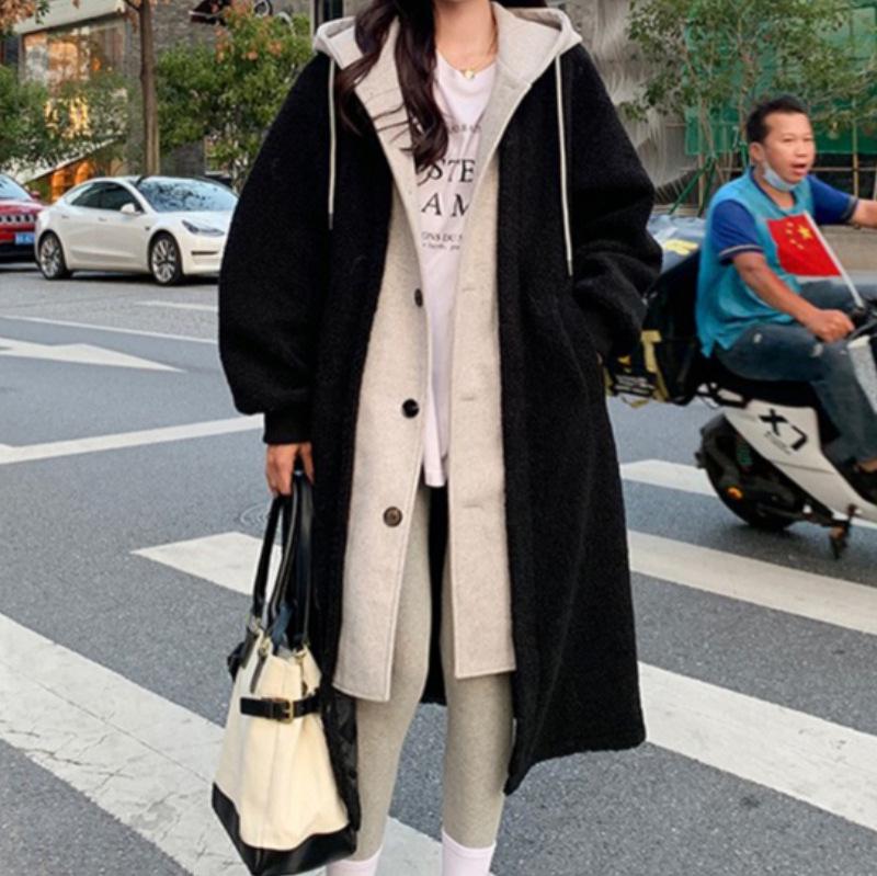 

Women s Mid-Length Lamb Wool Faux Two-Piece Coat - Large Size, Loose Fit, High-End Design XXL чорний