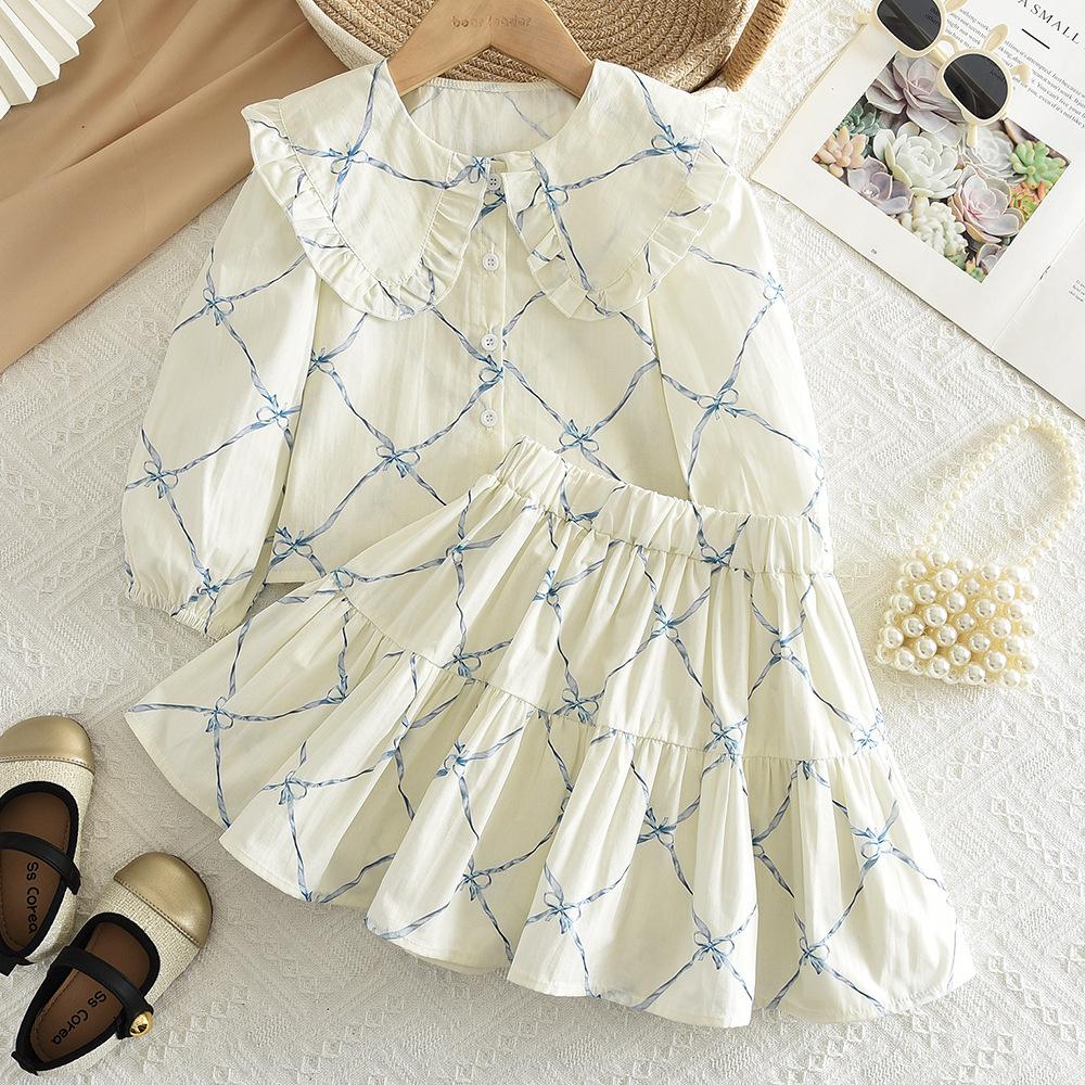 Korean Style Children's Clothing New Bow Printed Long-sleeved Babydoll Shirt Short Skirt Girls 2026 Spring and Autumn Suit